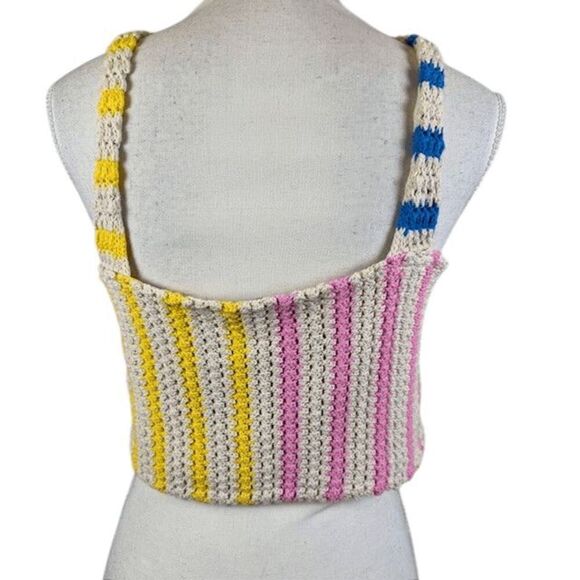 ZARA Crocheted Cotton Halter Crop Top Tank Pastel Blue Pink Yellow Size Medium - Picture 3 of 9